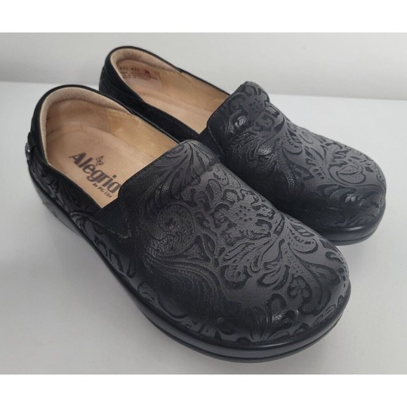 Alegria Womens Leather Clogs Shoes Black Embossed Slip On Casual EU 36 US 6.5 - Picture 2 of 9